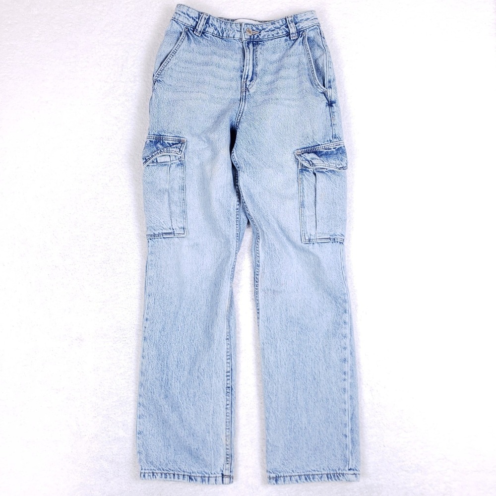 Bershka Cargo Jeans 00 Light Wash High Waisted Straight Leg Utility‎ Denim